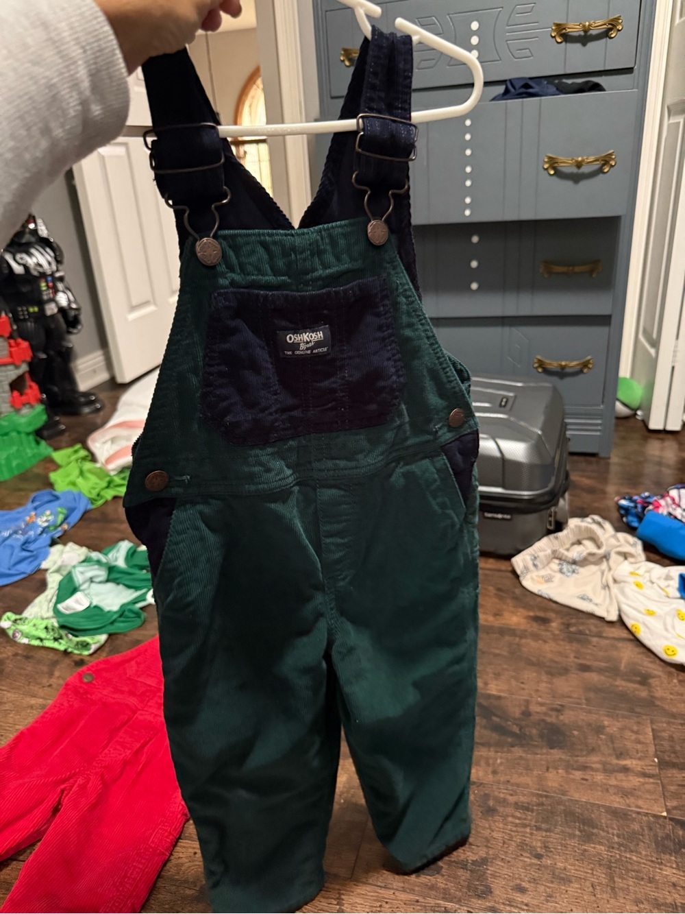 OshKosh B'gosh Dark Green Corduroy Kids Overalls with Navy Accents - Picture 2 of 5